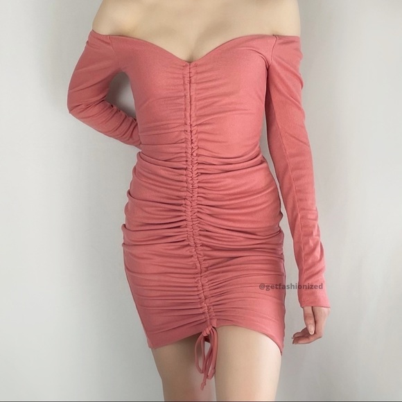 𝅺new Rushed Off The Shoulder Dress Pink - Picture 1 of 3